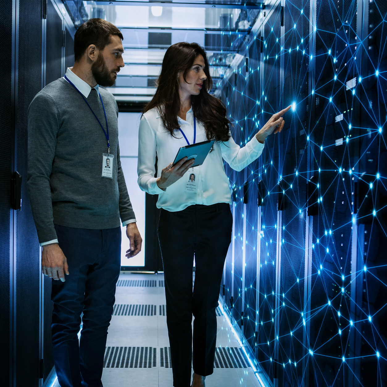 Business professionals analyzing a digital network interface on a large screen