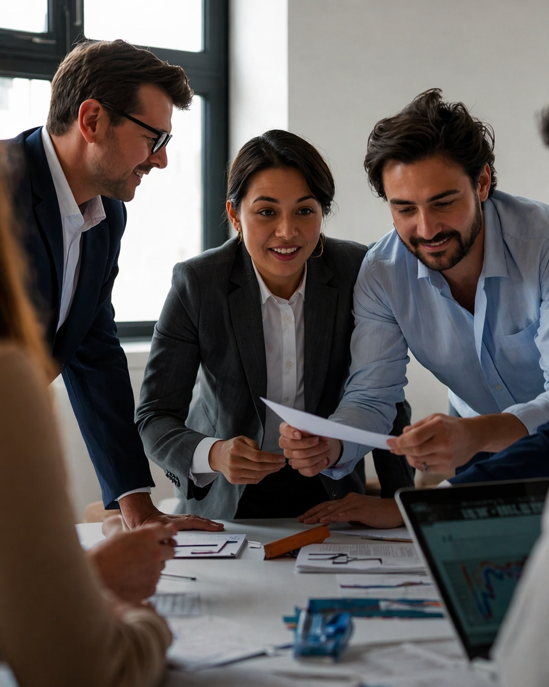 Business team reviewing a printed document together in the office