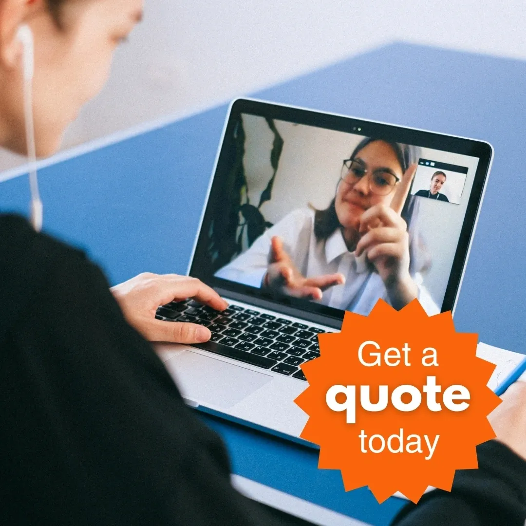 Person on a video call using a laptop with a quote request badge