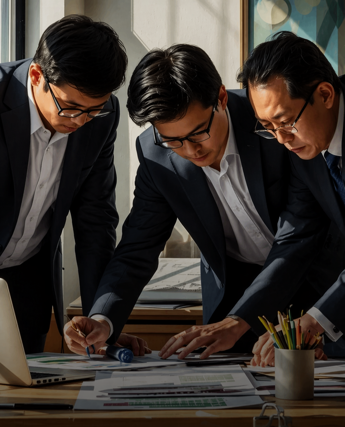 Three business professionals leaning over a desk and reviewing paperwork