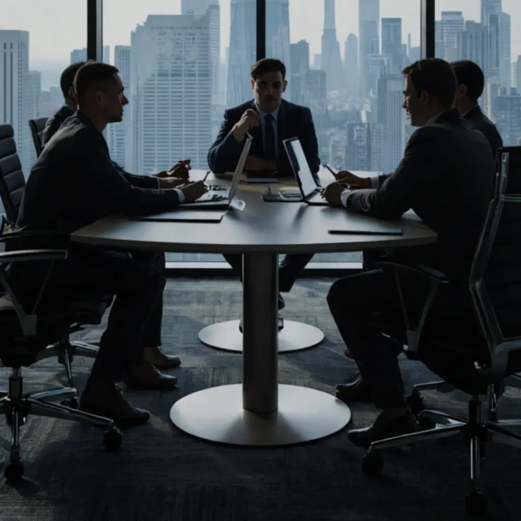 Business leaders meeting in a boardroom with a city skyline in the background