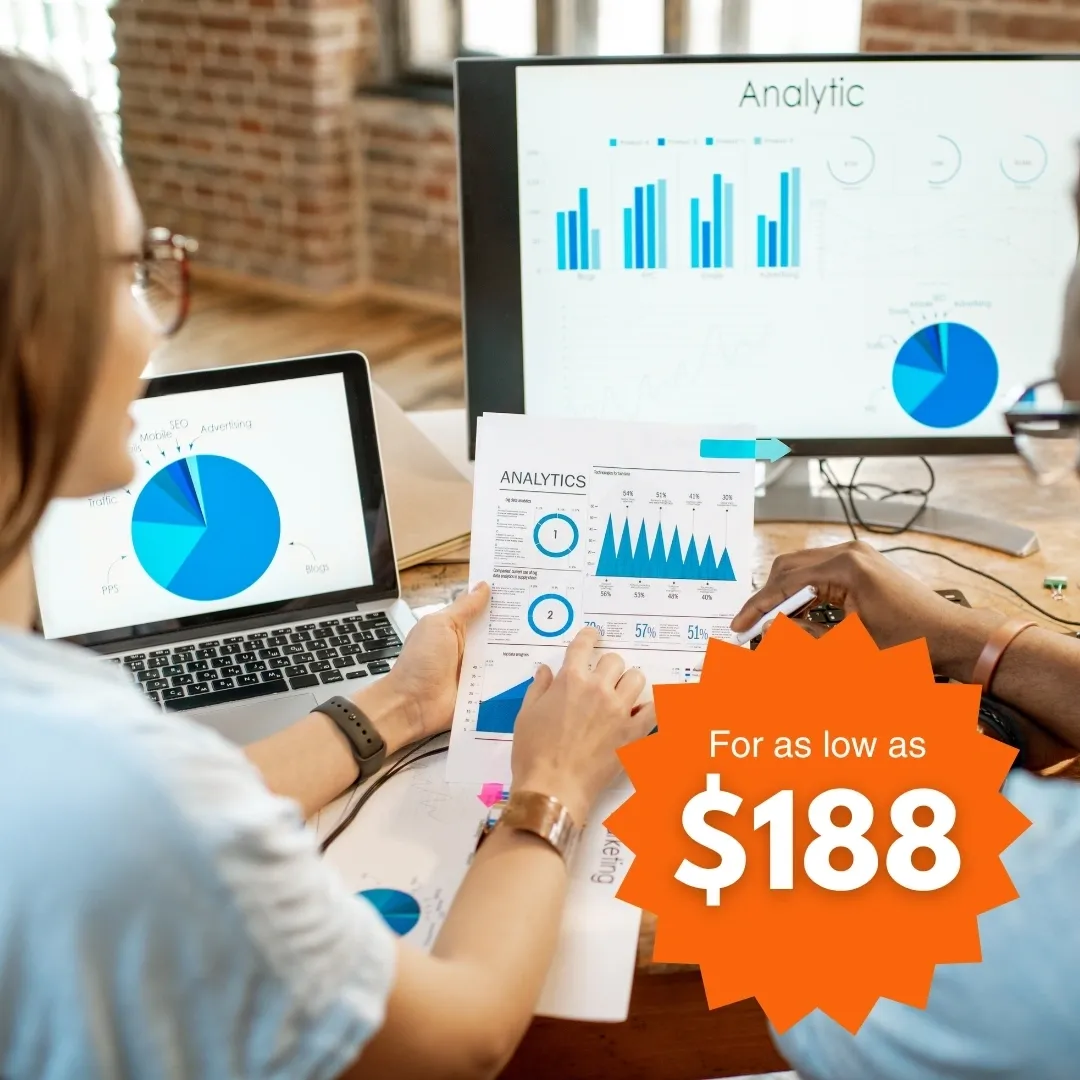 Analytics dashboard on laptop and tablet with a promotional pricing badge